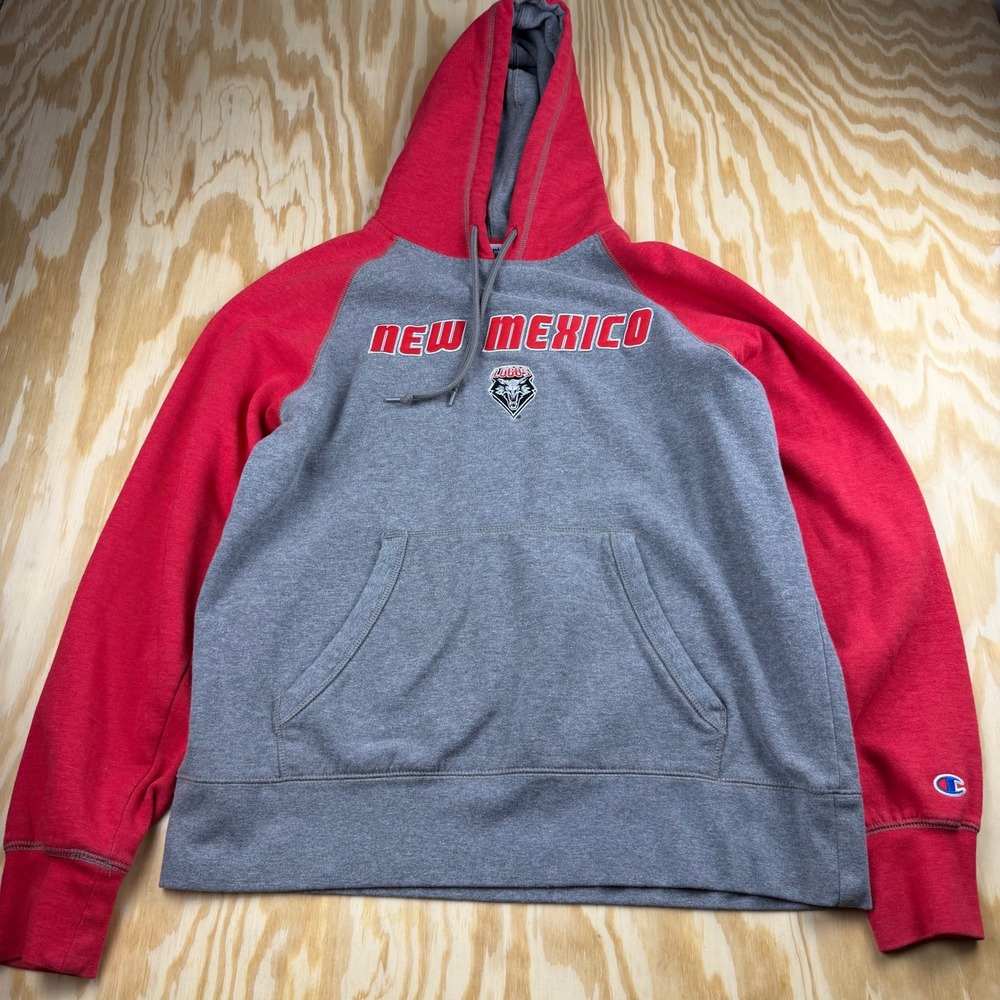 Champion New Mexico Lobos Hoodie Mens Large Gray Red Raglan Pullover Sweatshirt